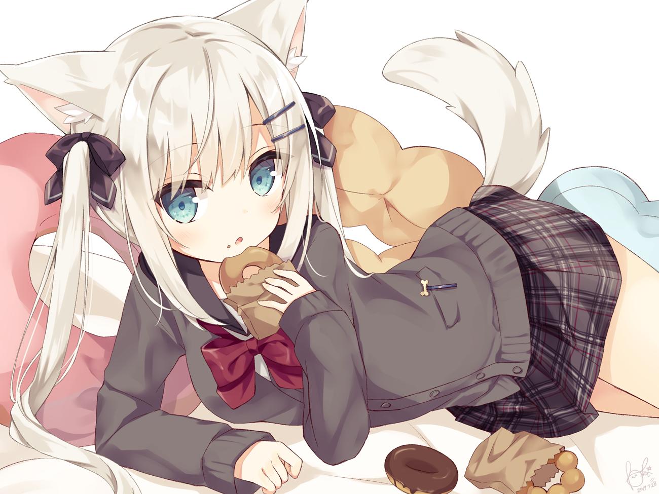 1girl :o animal_ear_fluff animal_ears bangs bed_sheet black_bow black_sailor_collar black_skirt blue_eyes bow cardigan commentary_request dated dog_ears dog_girl dog_tail doughnut eyebrows_visible_through_hair food food_on_face grey_cardigan hair_between_eyes hair_bow hair_ornament hairclip holding holding_food hoshi_(snacherubi) long_hair long_sleeves original parted_lips pillow plaid plaid_skirt red_bow sailor_collar school_uniform serafuku shirt signature skirt sleeves_past_wrists solo tail tail_raised twintails very_long_hair white_background white_hair white_shirt