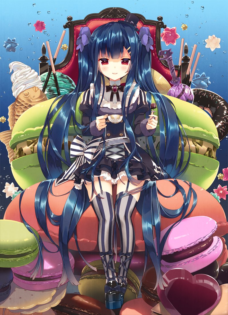 1girl arikawa_satoru black_headwear blue_hair bow commentary_request cup doughnut flower_knight_girl food full_body hair_bow hair_ornament hairclip hat holding holding_cup ice_cream long_hair looking_at_viewer macaron mary_janes mini_hat mini_top_hat purple_bow red_eyes shoes sitting smile solo striped striped_bow striped_legwear teacup thigh-highs thigh_strap top_hat torikabuto_(flower_knight_girl) twintails vertical-striped_legwear vertical_stripes