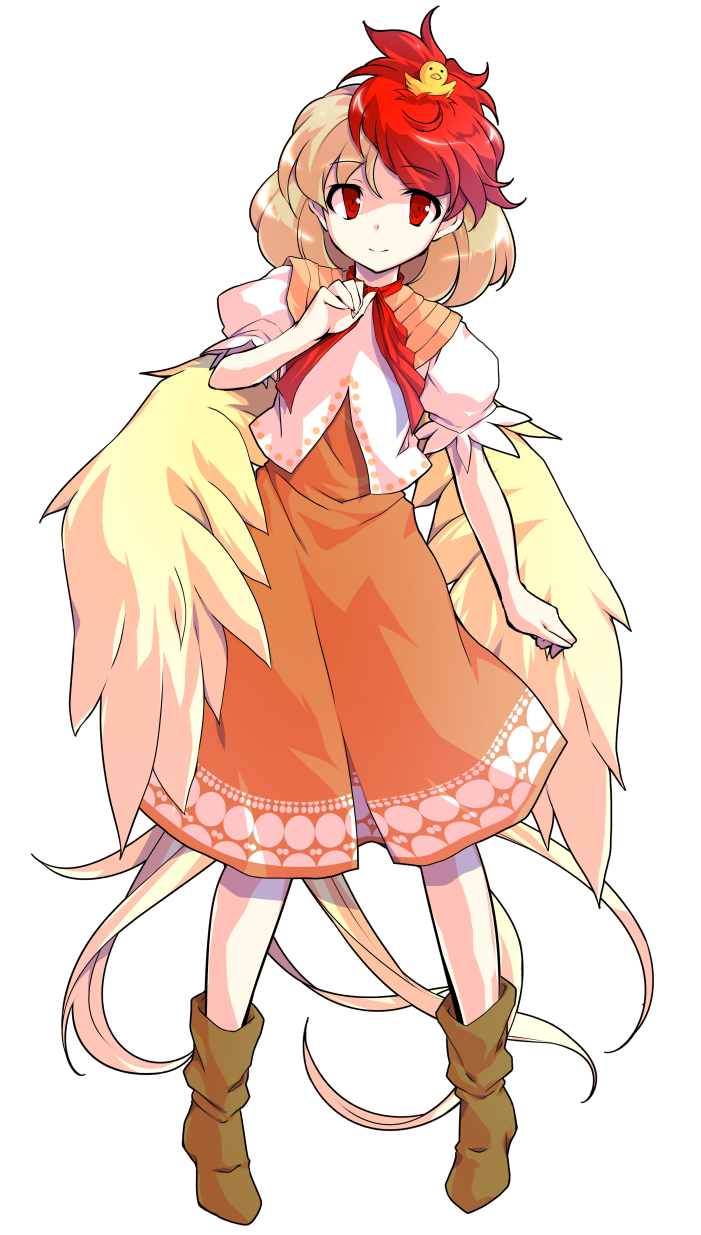 1girl alphes_(style) animal animal_on_head bird bird_tail blonde_hair boots brown_footwear chick closed_mouth commentary_request dairi dress eyebrows_visible_through_hair feathered_wings full_body hand_up highres looking_at_viewer multicolored_hair niwatari_kutaka on_head orange_dress parody puffy_short_sleeves puffy_sleeves red_eyes red_neckwear redhead shirt short_hair short_sleeves smile solo standing style_parody tachi-e touhou transparent_background two-tone_hair white_shirt wings