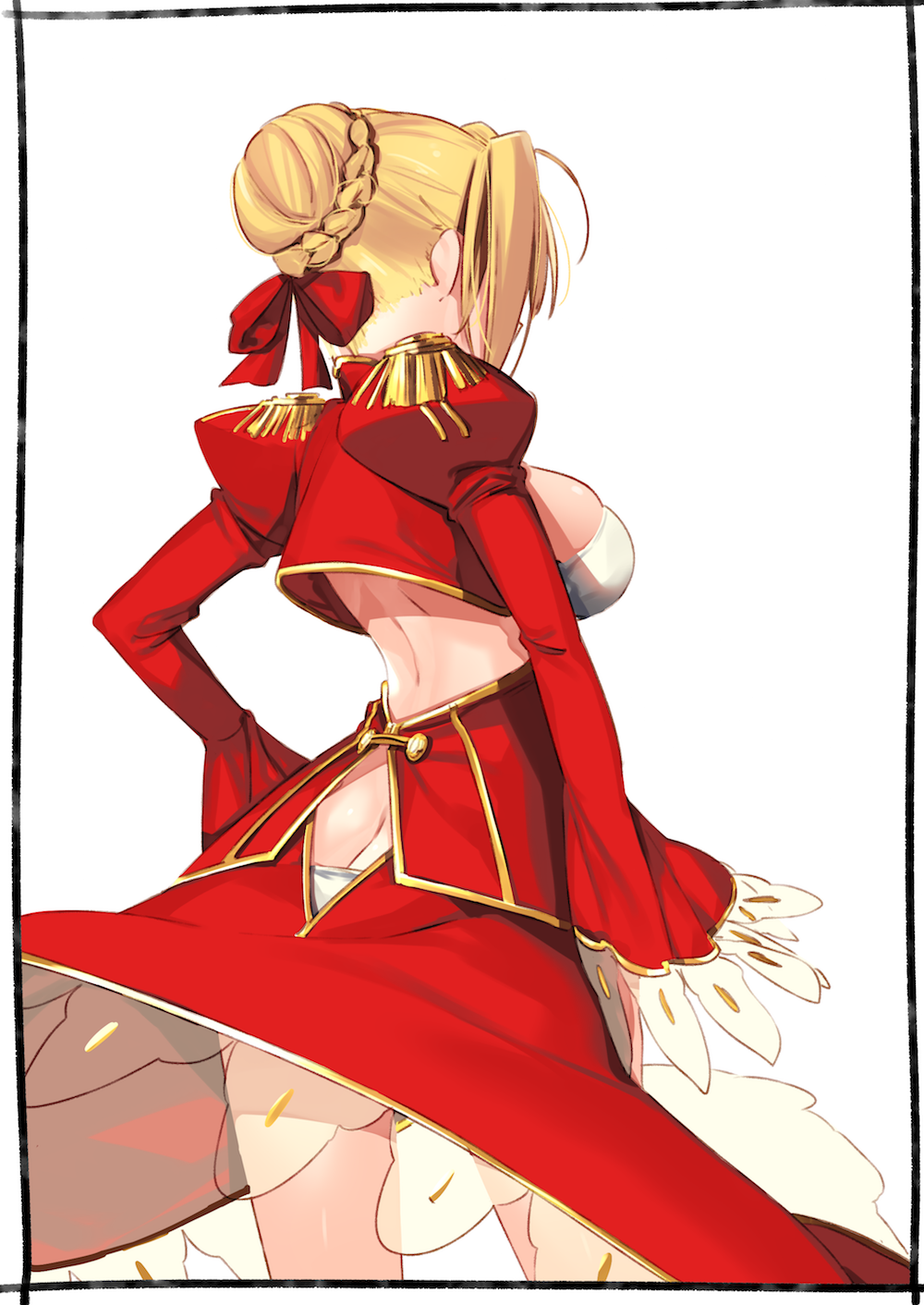 1girl ahoge ass back back_cutout bangs blonde_hair braid breasts butt_crack dress epaulettes fate/extra fate_(series) french_braid hair_bun hair_intakes hair_ribbon highres juliet_sleeves kei_(soundcross) large_breasts long_hair long_sleeves nero_claudius_(fate) nero_claudius_(fate)_(all) puffy_sleeves red_dress red_ribbon ribbon simple_background solo thighs white_background
