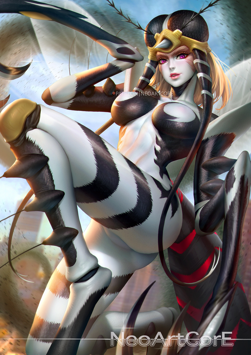 1girl antennae artist_name black_skin blonde_hair breasts commentary compound_eyes english_commentary extra_eyes flying insect_girl insect_wings large_breasts lips looking_at_viewer medium_hair monster_girl mosquito_girl mosquito_musume no_nipples nose nudtawut_thongmai one-punch_man patreon_username solo tail two-tone_skin violet_eyes watermark white_skin wings