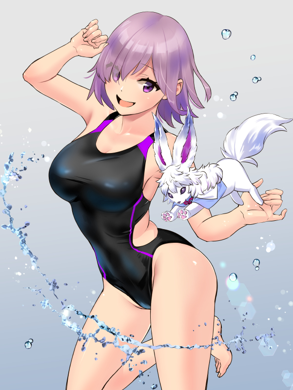 1girl :d arm_up armpits bare_arms bare_shoulders barefoot black_swimsuit breasts commentary_request competition_swimsuit creature fate/grand_order fate_(series) fou_(fate/grand_order) gradient gradient_background hair_over_one_eye large_breasts leg_up looking_at_viewer mash_kyrielight one-piece_swimsuit ooshima_aki open_mouth purple_hair short_hair sidelocks smile swimsuit thighs violet_eyes water