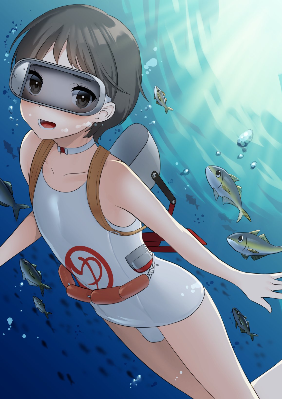 1girl 6+others bangs black_hair brown_eyes choker diving diving_mask diving_mask_on_head flotation_belt highres kantai_collection light_rays looking_at_viewer lower_teeth maru-yu_(kantai_collection) mizuki_eiru_(akagi_kurage) multiple_others open_mouth parted_bangs school_swimsuit short_hair sunbeam sunlight swimsuit underwater white_choker white_school_swimsuit white_swimsuit