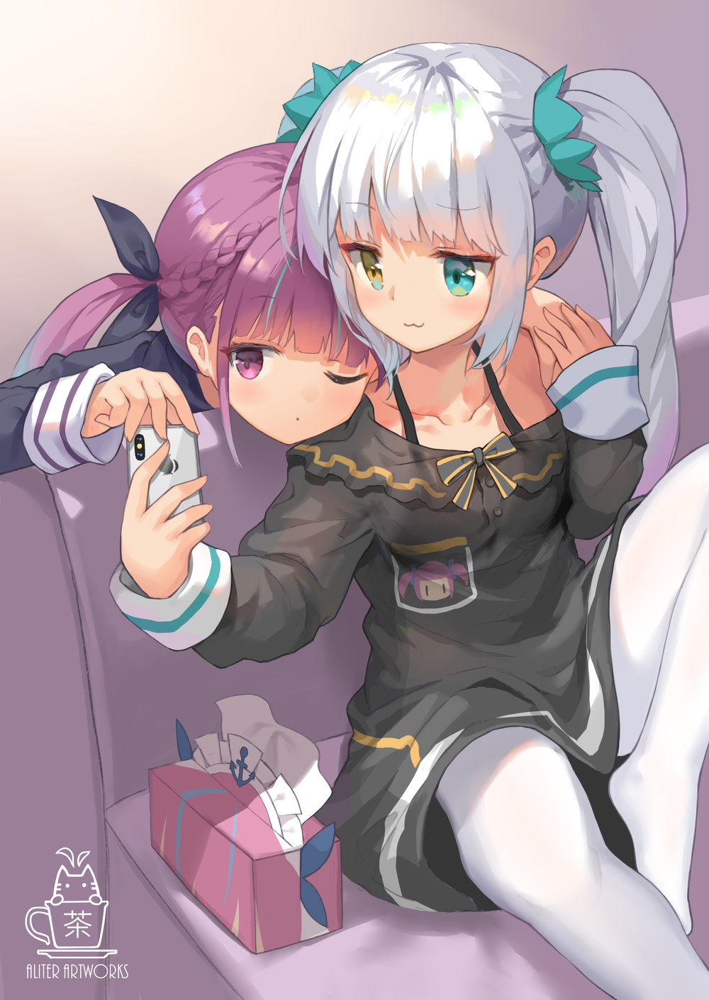 2girls :3 aliter bangs black_dress black_ribbon blue_eyes blush braid brown_eyes cellphone closed_mouth collarbone commentary couch dress eyebrows_visible_through_hair fingernails hair_ornament hair_ribbon heterochromia highres holding holding_cellphone holding_phone hololive kagura_mea kagura_mea_channel knee_up long_hair long_sleeves minato_aqua multiple_girls no_shoes off-shoulder_dress off_shoulder on_couch one_eye_closed pantyhose phone purple_hair ribbon sidelocks signature silver_hair sitting sleeves_past_wrists tissue_box twintails violet_eyes virtual_youtuber white_legwear yuri