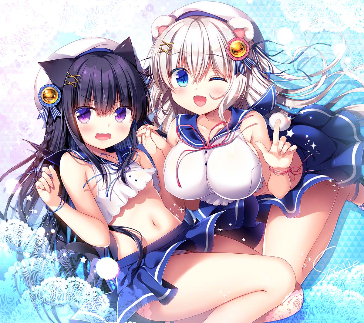 2girls ;d animal_ears bare_arms bare_shoulders bear_ears bear_girl bear_tail beret black_hair blue_eyes blue_ribbon blue_sailor_collar blue_skirt blush breasts cat_ears cat_girl cat_tail collarbone commentary_request crop_top fang hat large_breasts long_hair midriff multiple_girls navel neck_ribbon one_eye_closed open_mouth original panties pleated_skirt red_ribbon ribbon sailor_collar sasai_saji school_uniform serafuku shirt signature silver_hair skirt small_breasts smile striped striped_panties tail underwear very_long_hair violet_eyes white_headwear white_shirt