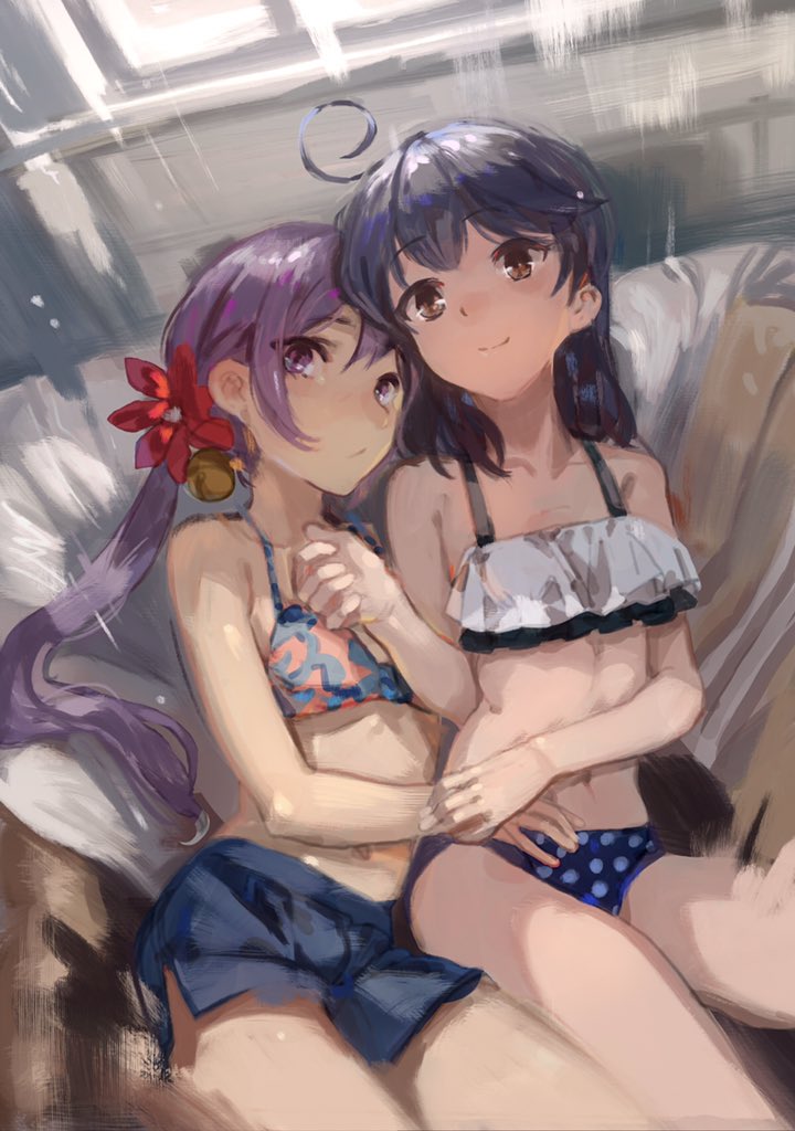 2girls ahoge akebono_(kantai_collection) bangs bell bikini bikini_skirt blue_hair blush breasts day eyebrows_visible_through_hair flower frilled_bikini frills hair_bell hair_flower hair_ornament indoors kantai_collection long_hair lynchis multiple_girls navel polka_dot polka_dot_bikini ponytail purple_hair side_ponytail smile swimsuit ushio_(kantai_collection) window