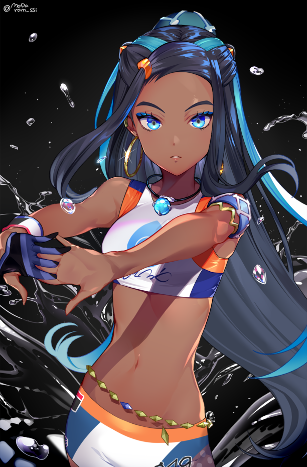 1girl bikini_shorts black_background black_hair blue_eyes blue_hair braid dark_skin earrings floating_hair jewelry long_hair looking_at_viewer marty_(chochomi16) multicolored_hair navel necklace o-ring parted_lips pokemon pokemon_(game) pokemon_swsh rurina_(pokemon) shorts solo sparkle sports_bikini standing stretch twitter_username two-tone_hair very_long_hair