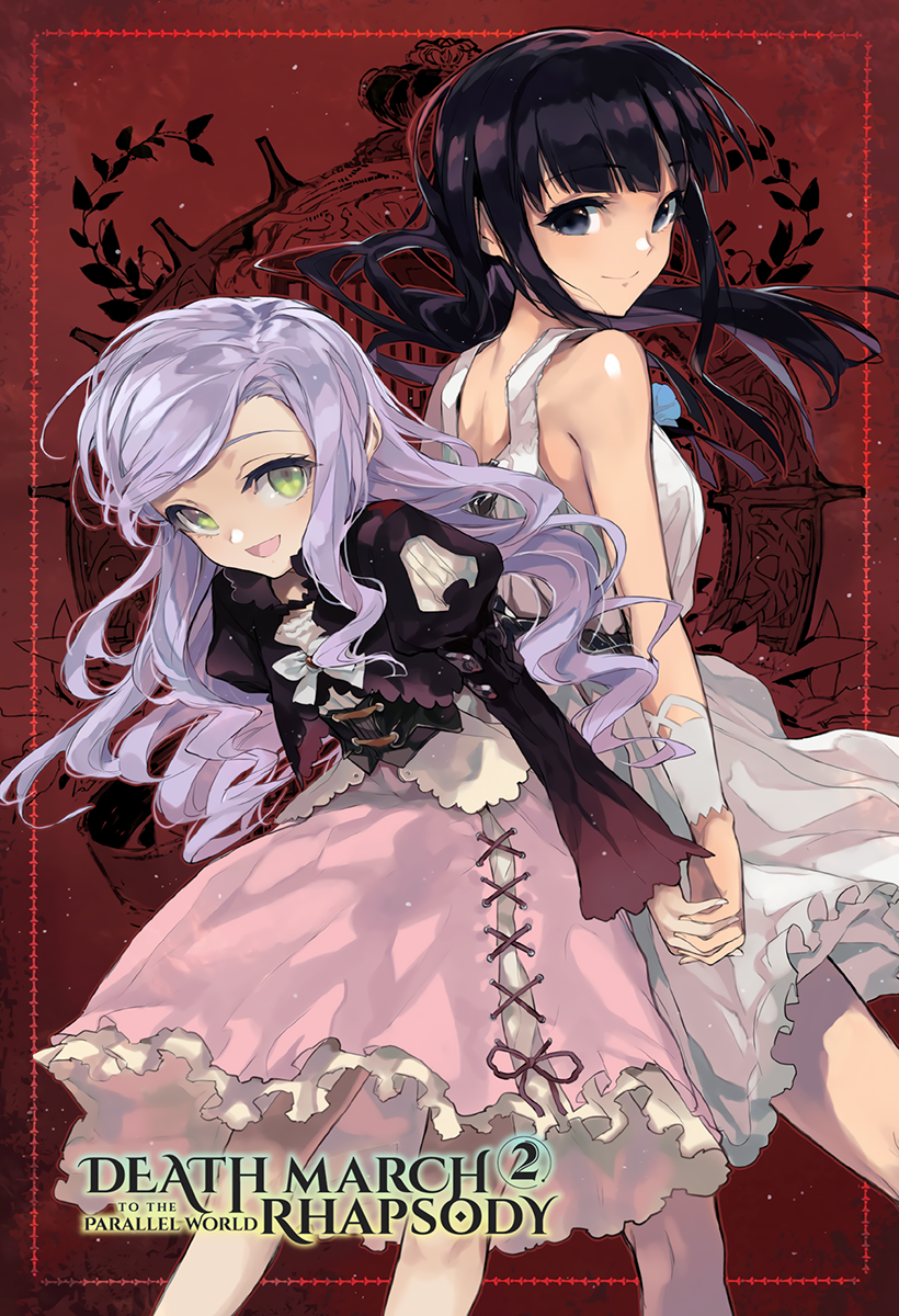 2girls :d arisa_(death_march) back-to-back bangs black_hair blue_eyes blunt_bangs closed_mouth copyright_name cover cover_page death_march_kara_hajimaru_isekai_kyousoukyoku dress floating_hair green_eyes highres holding_hands interlocked_fingers long_hair long_sleeves looking_at_viewer lulu_(death_march) medium_skirt multiple_girls novel_cover novel_illustration official_art open_mouth pink_skirt red_background shiny shiny_skin shirt shri siblings silver_hair sisters skirt sleeveless sleeveless_dress smile sundress swept_bangs very_long_hair white_dress