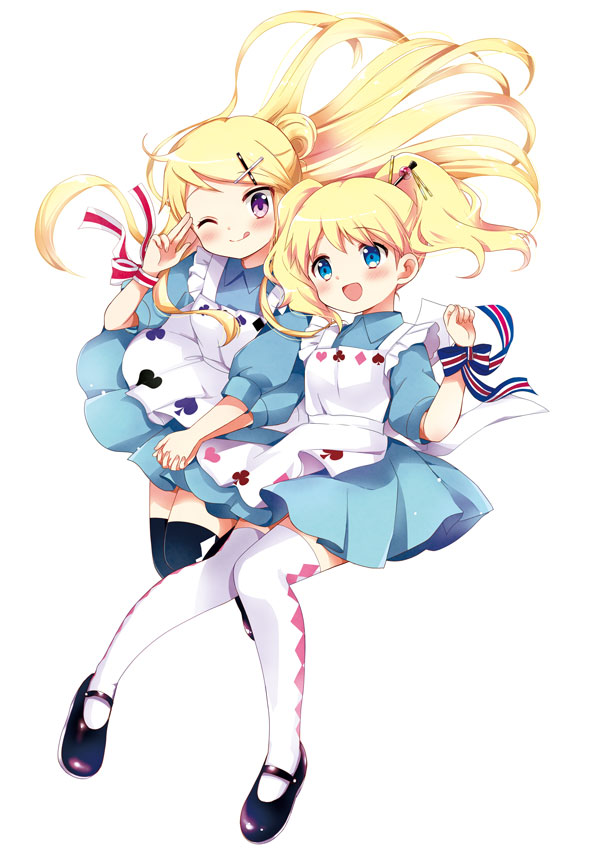 2girls :d :q alice_cartelet apron argyle argyle_legwear arm_ribbon black_footwear black_legwear blonde_hair blue_dress blue_eyes blush closed_mouth commentary_request dress eyebrows_visible_through_hair floating_hair hair_bun hair_ornament hairpin hara_yui head_tilt holding_hands kin-iro_mosaic kujou_karen long_hair looking_at_viewer mary_janes multiple_girls one_eye_closed open_mouth ribbon shoes simple_background smile striped striped_ribbon thigh-highs tongue tongue_out twintails very_long_hair violet_eyes white_apron white_background white_legwear x_hair_ornament