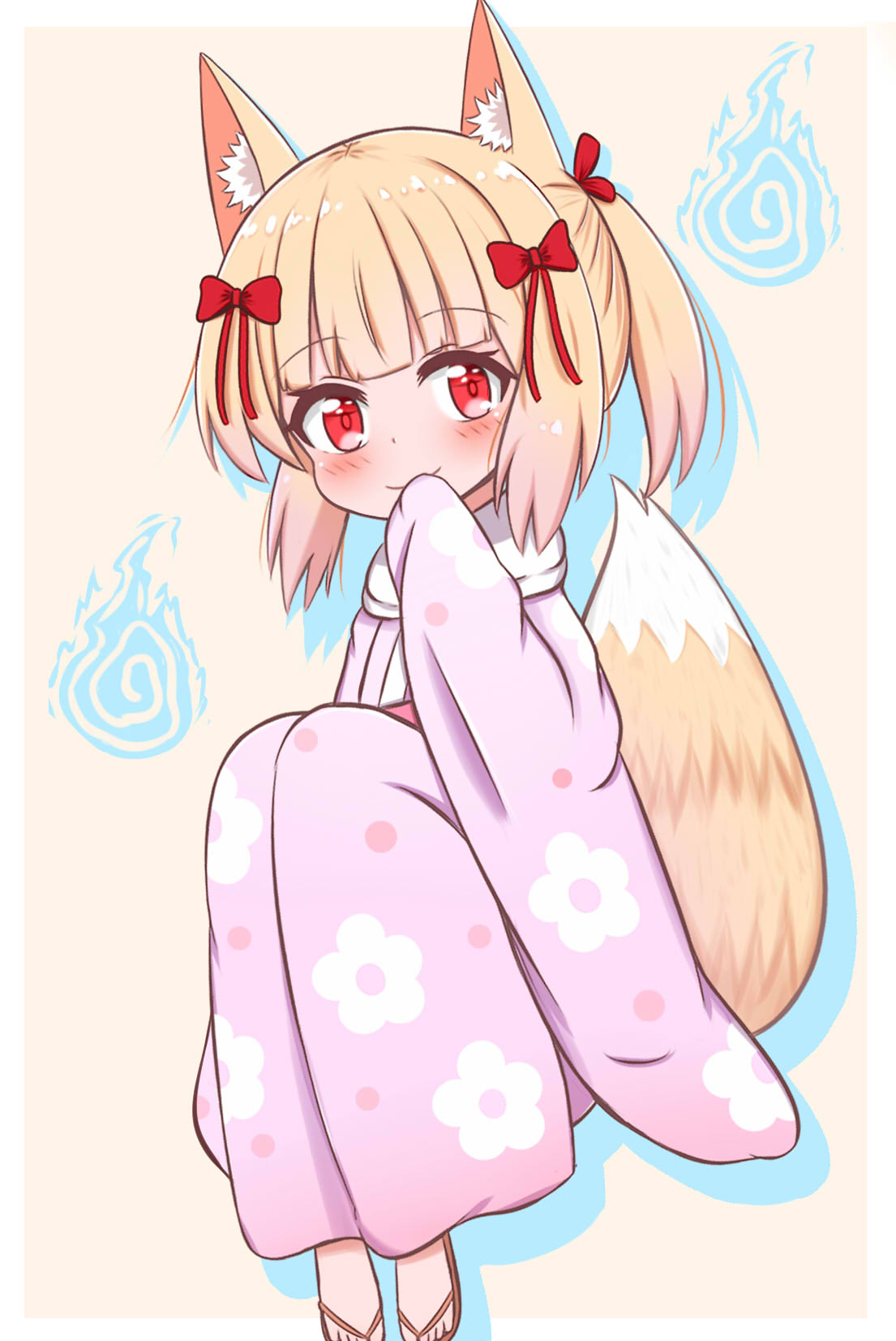 1girl animal_ears blonde_hair blush bow brown_background brown_footwear closed_mouth colored_shadow commentary_request drop_shadow floral_print fox_ears fox_girl fox_tail hair_bow hand_to_own_mouth hand_up highres hitodama japanese_clothes jiu_(sdesd3205) kimono knees_up long_sleeves original pink_kimono print_kimono red_bow red_eyes sandals shadow sidelocks sleeves_past_fingers sleeves_past_wrists smile solo tail twintails wide_sleeves
