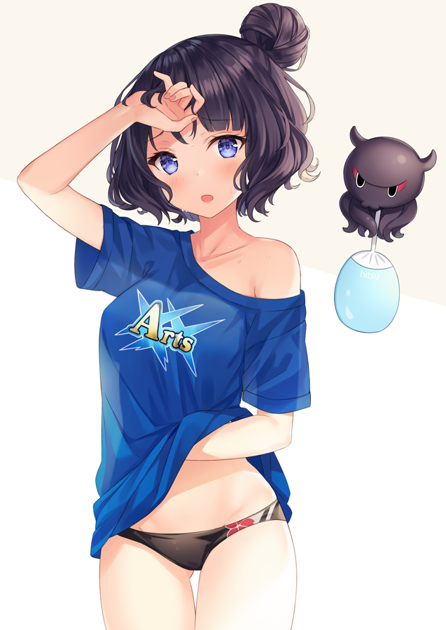 1girl animal arm_up artist_name arts_shirt ass_visible_through_thighs bangs bare_shoulders bikini bikini_bottom bikini_under_clothes black_bikini_bottom black_hair blue_eyes blue_shirt blush breasts brown_background collarbone commentary cowboy_shot english_commentary eyebrows_visible_through_hair fan fate/grand_order fate_(series) hand_under_clothes hand_under_shirt hitsukuya katsushika_hokusai_(fate/grand_order) looking_at_viewer medium_breasts octopus off_shoulder paper_fan parted_lips shirt shirt_lift short_hair signature sweat swimsuit tokitarou_(fate/grand_order) two-tone_background uchiwa