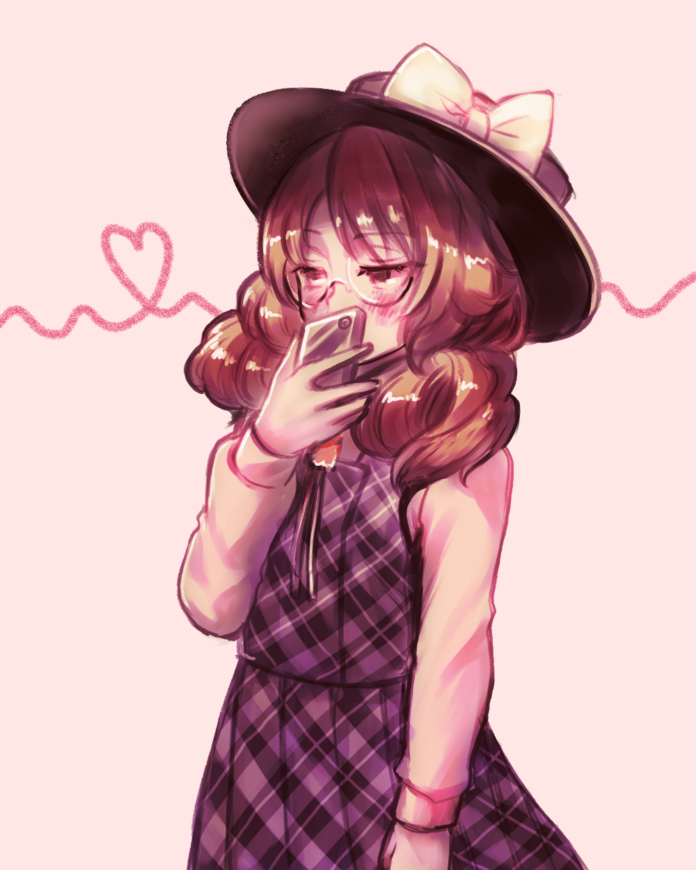 1girl arm_at_side arm_up bangs black_headwear blush brown_eyes brown_hair cellphone commentary_request covering_mouth cowboy_shot eyebrows_visible_through_hair glasses hat hat_ribbon heart heart_of_string highres holding holding_phone long_sleeves looking_away low_twintails neck_ribbon phone pink_background plaid plaid_skirt plaid_vest reika_winter ribbon school_uniform semi-rimless_eyewear shiny shiny_hair shirt short_hair simple_background skirt smartphone solo standing touhou twintails under-rim_eyewear usami_sumireko vest white_shirt