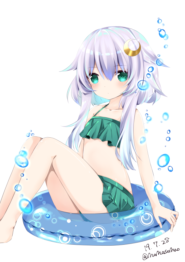 1girl air_bubble bangs bare_arms bare_legs bare_shoulders bikini bubble closed_mouth collarbone crescent crescent_hair_ornament dated eyebrows_visible_through_hair feet_out_of_frame green_bikini green_eyes hair_between_eyes hair_flaps hair_ornament innertube kantai_collection knees_up long_hair nanase_nao sidelocks silver_hair simple_background sitting solo swimsuit transparent twitter_username white_background yayoi_(kantai_collection)
