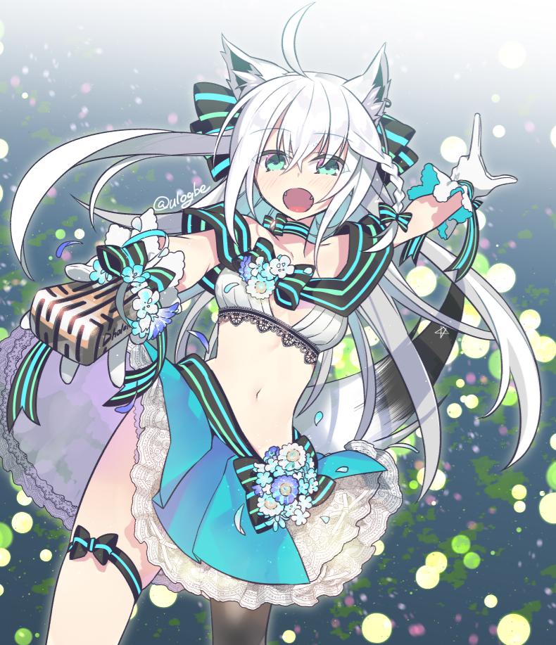 1girl ahoge alternate_costume animal_ear_fluff animal_ears asymmetrical_legwear bangs blush braid commentary flower fox_ears fox_tail gloves green_eyes hair_between_eyes holding hololive long_hair looking_at_viewer navel negi_(ulog'be) open_mouth ribbon shirakami_fubuki side_braid smile solo tail thigh_ribbon twitter_username virtual_youtuber white_gloves white_hair