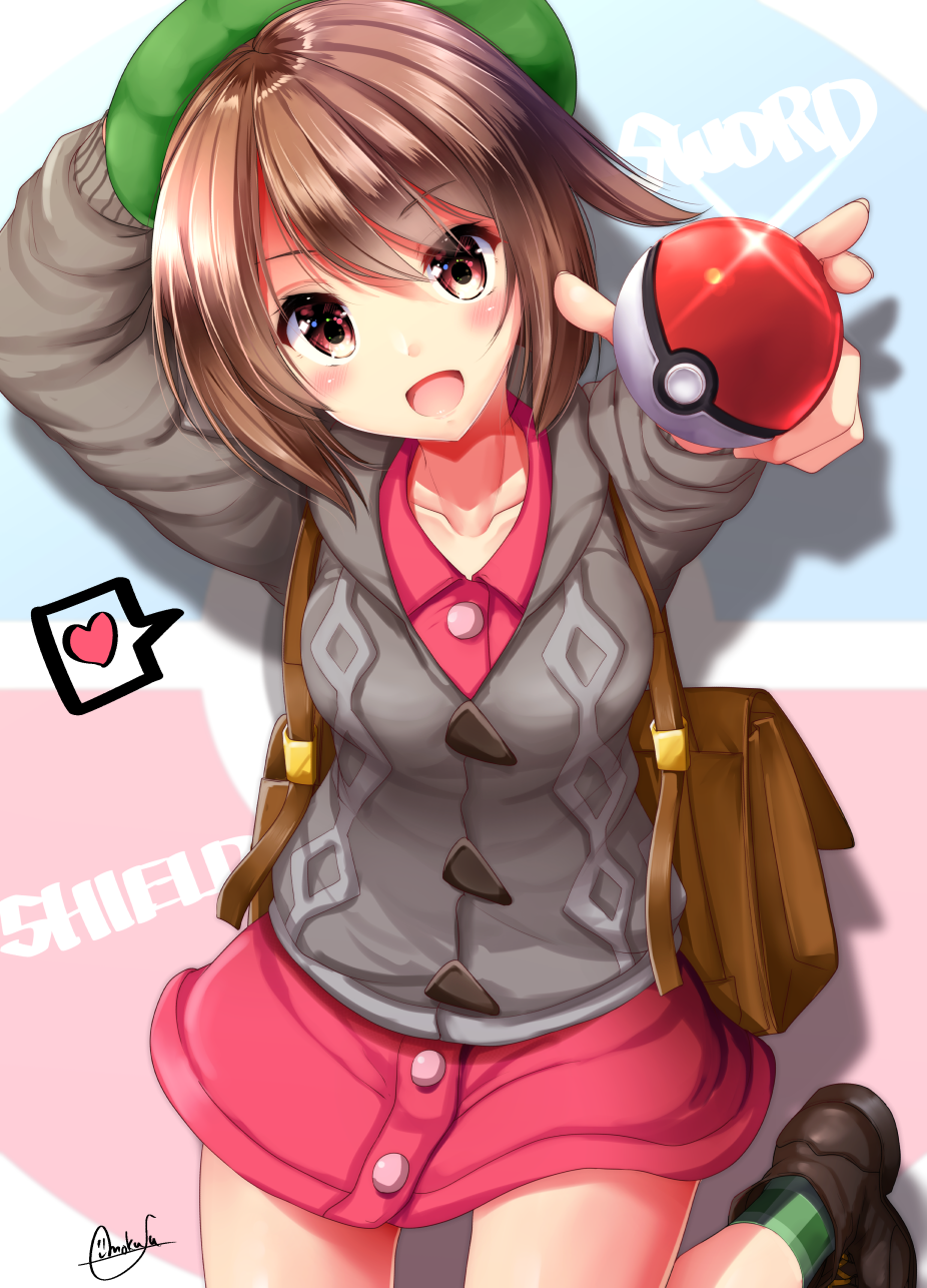 1girl :d bag breasts brown_hair buttons collarbone female_protagonist_(pokemon_swsh) green_headwear green_legwear grey_jacket hand_up heart highres holding jacket leg_up looking_at_viewer medium_breasts mokufuu open_mouth pink_shirt poke_ball poke_ball_(generic) pokemon pokemon_(game) pokemon_swsh pokemon_trainer red_eyes shadow shirt shoes short_hair signature smile socks solo spoken_heart