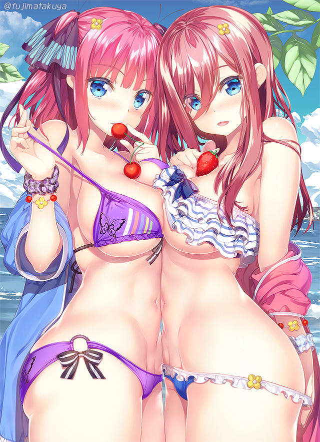 2girls bangs bikini black_ribbon blue_eyes blue_sky blunt_bangs bracelet breasts cherry closed_mouth clouds commentary_request day eyebrows_visible_through_hair food frilled_bikini frills fruit fujima_takuya go-toubun_no_hanayome hair_between_eyes hair_ribbon jewelry large_breasts long_hair looking_at_viewer multiple_girls nakano_miku nakano_nino navel open_mouth pink_hair purple_bikini purple_scrunchie redhead ribbon scrunchie short_hair siblings sisters sky strawberry striped striped_bikini swimsuit twitter_username white_bikini