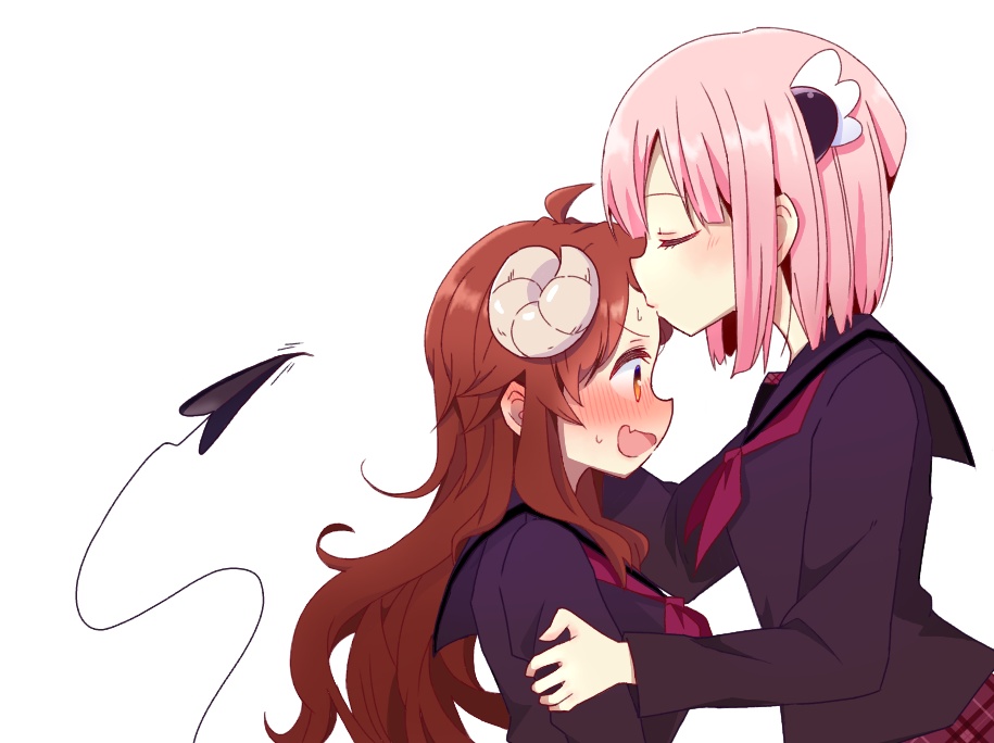 2girls aaru_(youmorigu) ahoge blush brown_eyes brown_hair chiyoda_momo closed_eyes commentary_request demon_horns demon_tail ear_blush embarrassed forehead_kiss from_side hair_ornament hand_on_another's_arm horns kiss long_hair machikado_mazoku motion_lines multiple_girls nose_blush pink_hair plaid plaid_skirt pleated_skirt profile purple_shirt school_uniform serafuku shirt short_hair simple_background skirt sweat tail white_background yoshida_yuuko_(machikado_mazoku) yuri