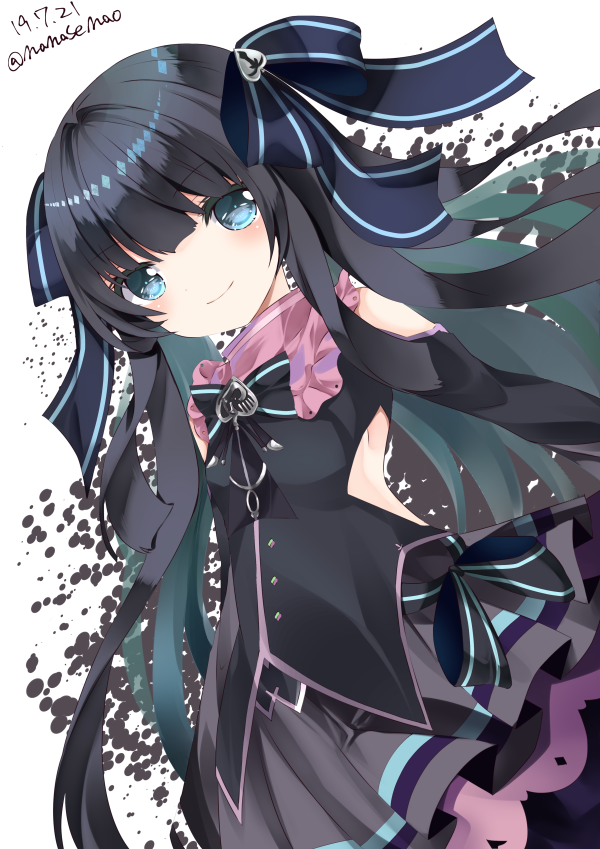 1girl black_bow black_hair black_shirt blue_bow blue_eyes blush bow closed_mouth copyright_request dated green_hair grey_skirt hair_bow long_hair long_sleeves multicolored_hair nanase_nao pleated_skirt shirt shoulder_cutout skirt smile solo striped striped_bow twitter_username two-tone_hair very_long_hair white_background