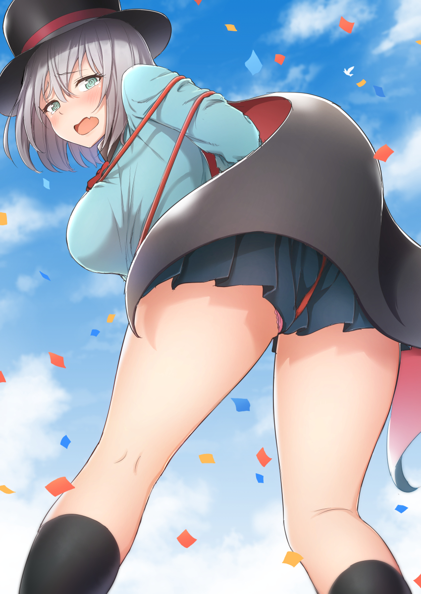 1girl @_@ aqua_eyes arms_behind_back ass blue_sky blush bound breasts cape confetti embarrassed from_below hat highres large_breasts long_sleeves looking_at_viewer otonari panties panty_peek pantyshot pink_panties pleated_skirt rope school_uniform short_hair skirt sky tejina_senpai tejina_senpai_(character) thighs tied_up top_hat underwear