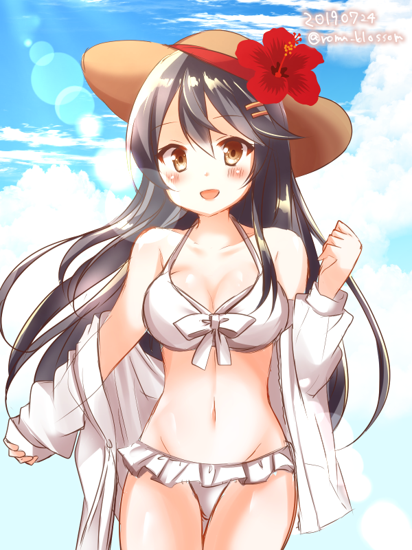 1girl :d alternate_costume bare_shoulders bikini commentary_request cowboy_shot dated flower grey_hair hair_between_eyes hair_ornament hairclip haruna_(kantai_collection) hat hat_flower hibiscus kantai_collection long_hair looking_at_viewer midriff nanoha-h navel open_mouth smile solo straw_hat swimsuit twitter_username white_bikini