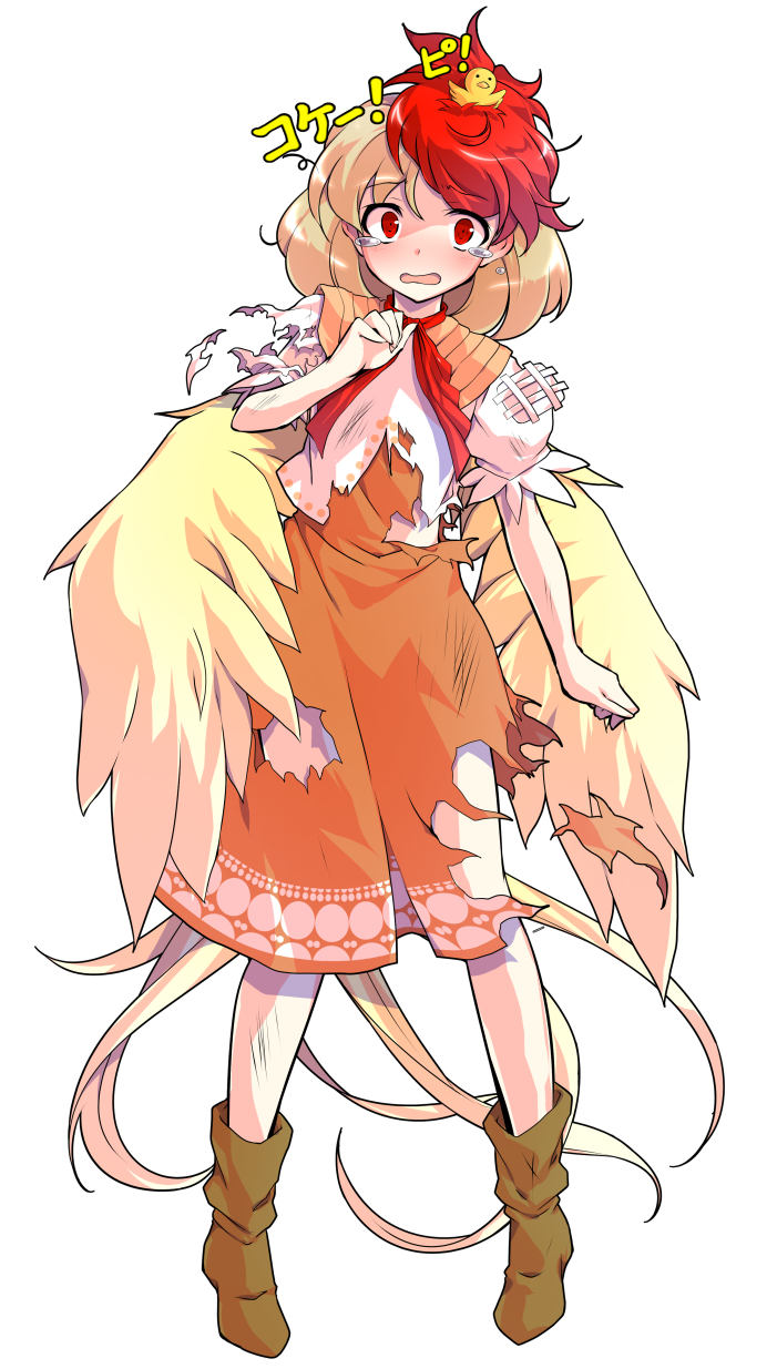 1girl alphes_(style) animal animal_on_head bandages bird bird_tail blonde_hair blush boots brown_footwear chick commentary_request dairi dress eyebrows_visible_through_hair feathered_wings full_body hand_up highres looking_at_viewer multicolored_hair niwatari_kutaka on_head open_mouth orange_dress parody puffy_short_sleeves puffy_sleeves red_eyes red_neckwear redhead scrape shirt short_hair short_sleeves solo standing style_parody tachi-e tears torn_clothes torn_dress torn_shirt touhou transparent_background two-tone_hair white_shirt wings