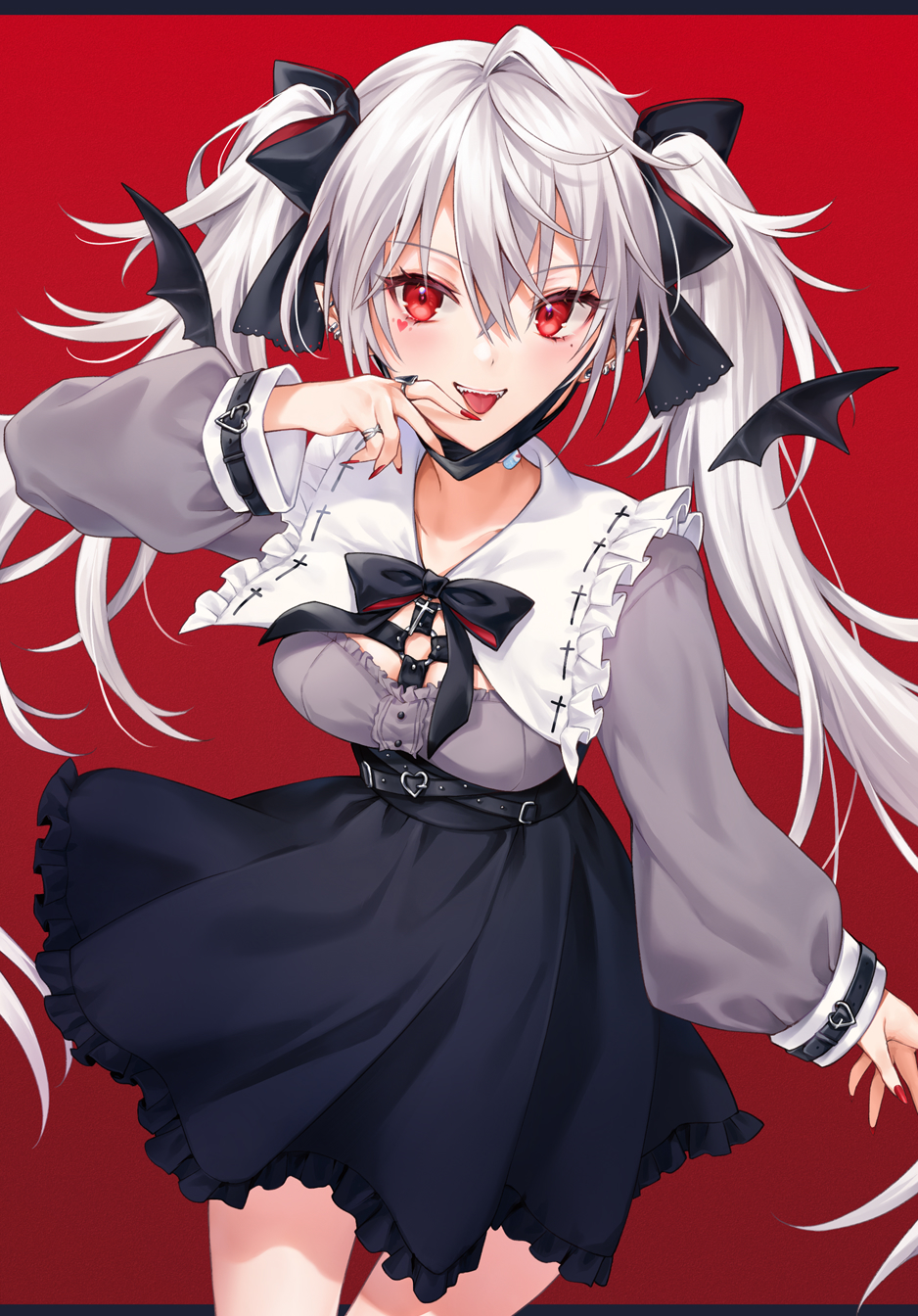 1girl :p bangs black_bow black_skirt black_wings bow breasts commentary_request detached_wings eyebrows_visible_through_hair frilled_skirt frills genderswap genderswap_(mtf) grey_shirt hair_between_eyes hair_bow hand_up highres jewelry kuzuha_(nijisanji) letterboxed long_hair long_sleeves mask mask_pull medium_breasts mini_wings mouth_mask nail_polish nijisanji o-ring pleated_skirt puffy_long_sleeves puffy_sleeves red_background red_eyes red_nails ring sharp_teeth shiao shirt simple_background skirt sleeves_past_wrists smile solo teeth tongue tongue_out twintails very_long_hair virtual_youtuber white_hair wings