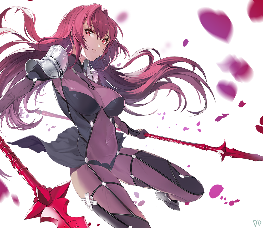 1girl bangs bodysuit breasts closed_mouth covered_navel damda fate/grand_order fate_(series) gae_bolg hair_between_eyes hair_intakes large_breasts long_hair looking_at_viewer pauldrons petals polearm purple_bodysuit purple_hair red_eyes scathach_(fate)_(all) scathach_(fate/grand_order) simple_background solo spear thighs weapon white_background