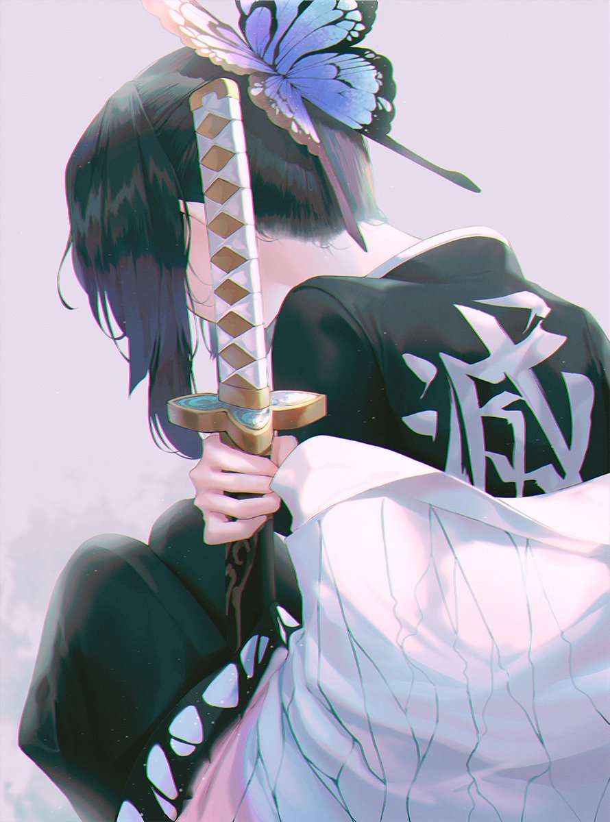 1girl black_hair black_kimono blue_butterfly bug butterfly butterfly_hair_ornament chromatic_aberration facing_away from_behind hair_ornament haori highres holding holding_sword holding_weapon insect japanese_clothes kanji katana kimetsu_no_yaiba kimono kochou_shinobu long_sleeves seol short_hair solo sword upper_body weapon