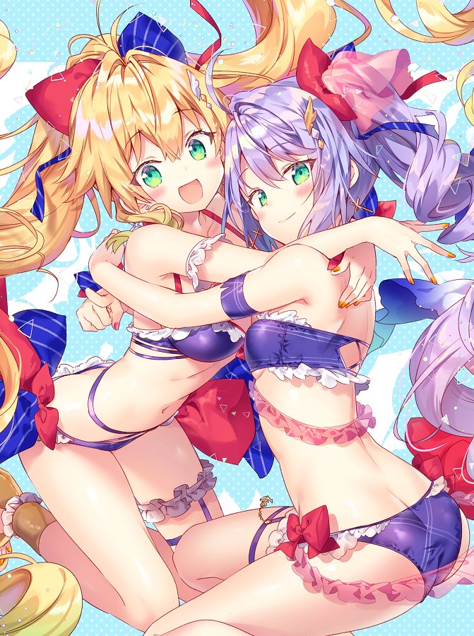 2girls :d ahoge alternate_costume alternate_hairstyle armband ass azur_lane bandeau bare_legs bare_shoulders bikini blonde_hair blue_background blue_bow blush bow breasts butt_crack collarbone commentary_request cross cross_earrings earrings feet_out_of_frame frilled_bikini frills green_eyes hair_bow hair_intakes hug jewelry l'opiniatre_(azur_lane) l'opiniatre_(magical_summer)_(azur_lane) le_temeraire_(azur_lane) leg_garter long_hair manicure medium_breasts multiple_girls nail_polish navel open_mouth polka_dot polka_dot_background purple_bikini purple_hair red_bow red_nails riichu sidelocks small_breasts smile stomach strapless strapless_bikini swimsuit thigh_strap thighs twintails very_long_hair