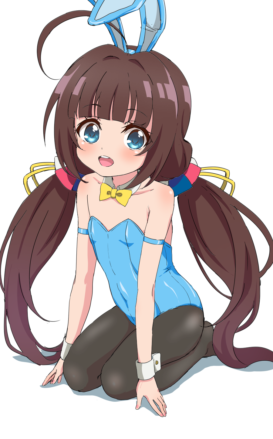 1girl animal_ears aqua_eyes black_legwear blue_leotard bow bowtie brown_hair bunny_girl bunnysuit commentary_request detached_collar flat_chest highres hinatsuru_ai leotard long_hair looking_at_viewer low_twintails nail_polish open_mouth pantyhose rabbit_ears round_teeth ryuuou_no_oshigoto! seiza simple_background sitting solo strapless strapless_leotard teeth trg-_(sain) twintails upper_teeth very_long_hair white_background wrist_cuffs yellow_neckwear