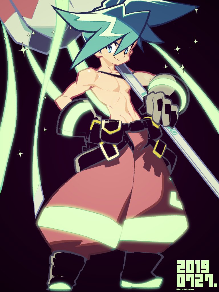 baggy_pants blue_eyes blue_hair chest dated fujimoto_hideaki galo_thymos gloves male_focus matoi pants promare shirtless smile spiky_hair