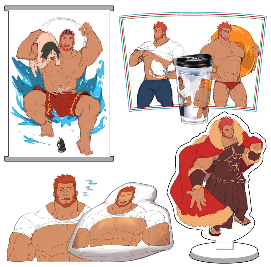 1boy 2boys abs armor bara beard cape chest collage denim facial_hair fanning fate/grand_order fate_(series) glasses gomtang jeans leather long_hair looking_at_viewer male_focus male_swimwear manly merchandise multiple_boys muscle nipples pants pectorals red_eyes redhead rider_(fate/zero) shirt simple_background sleeping smile standing swim_briefs swimsuit swimwear t-shirt white_background