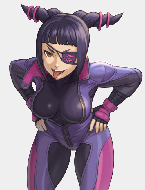 1girl :p alternate_eye_color bangs biker_clothes bikesuit black_bodysuit black_gloves black_hair blunt_bangs bodysuit breasts brown_eyes commentary_request covered_collarbone cowboy_shot drill_hair eyepatch fingerless_gloves gloves grey_background hair_ornament han_juri hands_on_hips leaning_forward looking_at_viewer medium_breasts noppo_(tarstation) one-eyed open_mouth popped_collar purple_bodysuit short_hair sidelocks simple_background skin_tight solo spiky_hair standing street_fighter street_fighter_v tongue tongue_out twin_drills unzipped v-shaped_eyebrows