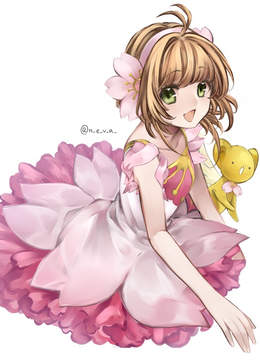 1girl :d antenna_hair bangs brown_hair cardcaptor_sakura collarbone dress eyebrows_visible_through_hair green_eyes hairband kero kinomoto_sakura layered_dress neva_(n_e_v_a) open_mouth pink_hairband short_dress short_hair simple_background sleeveless sleeveless_dress smile solo twitter_username white_background white_dress