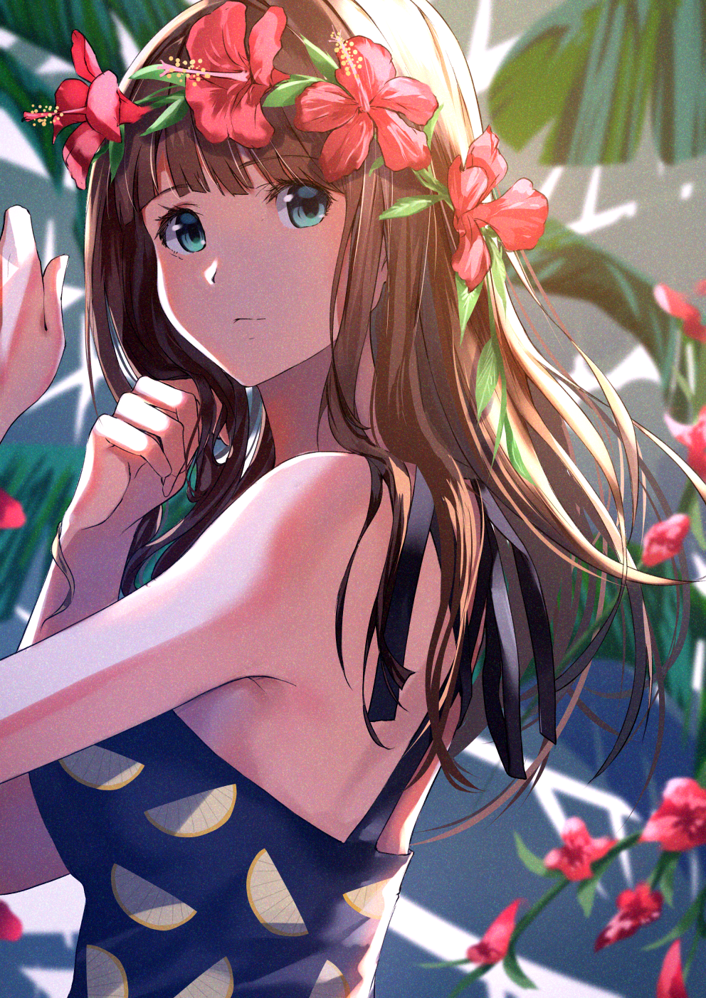 1girl armpit_peek arms_up bangs bare_arms blue_dress blue_eyes breasts brown_hair curled_fingers day dress expressionless eyebrows_visible_through_hair flower flower_wreath from_side fruit_pattern hibiscus highres long_hair looking_at_viewer medium_breasts original outdoors palm_leaf plant solo sone_(takahiro-osone) standing sundress upper_body vines