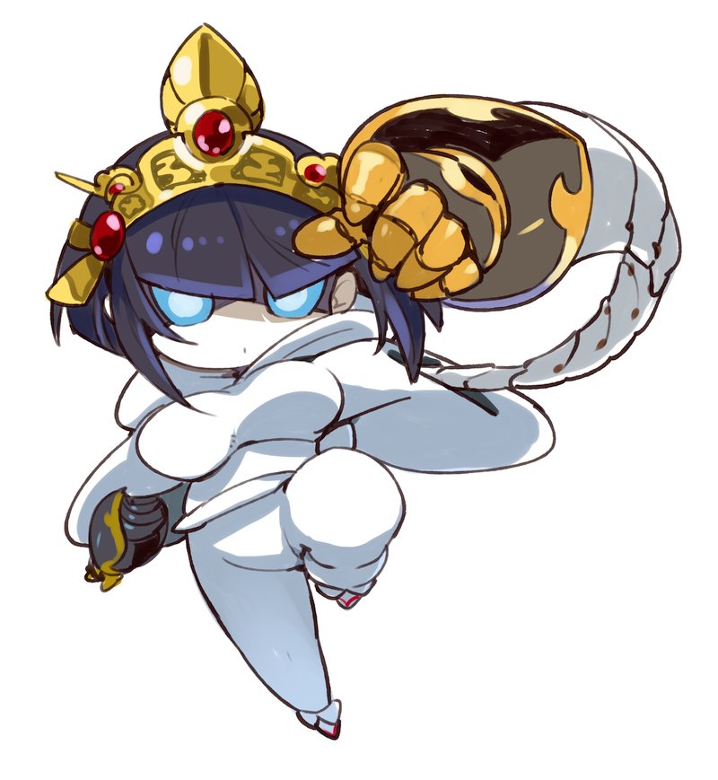 1girl black_hair blue_eyes breasts chibi large_breasts looking_at_viewer mota robot robot_girl short_hair simple_background solo stretched_limb the_ninja_warriors the_ninja_warriors_once_again thighs white_background white_hoodie yaksha_(the_ninja_warriors)