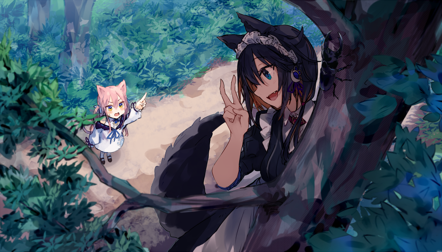 2girls animal_ears apron arm_up bangs black_dress black_footwear black_hair blue_eyes blue_ribbon blush brown_eyes brown_hair commentary_request day dress eyebrows_visible_through_hair fox_ears fox_girl fox_tail hair_between_eyes in_tree long_sleeves maid maid_headdress multicolored_hair multiple_girls neck_ribbon original outdoors outstretched_arm pantyhose path pink_hair pointing puffy_long_sleeves puffy_short_sleeves puffy_sleeves ribbon road roll_okashi shoes short_sleeves stag_beetle tail tree two-tone_hair v waist_apron white_apron white_dress white_legwear