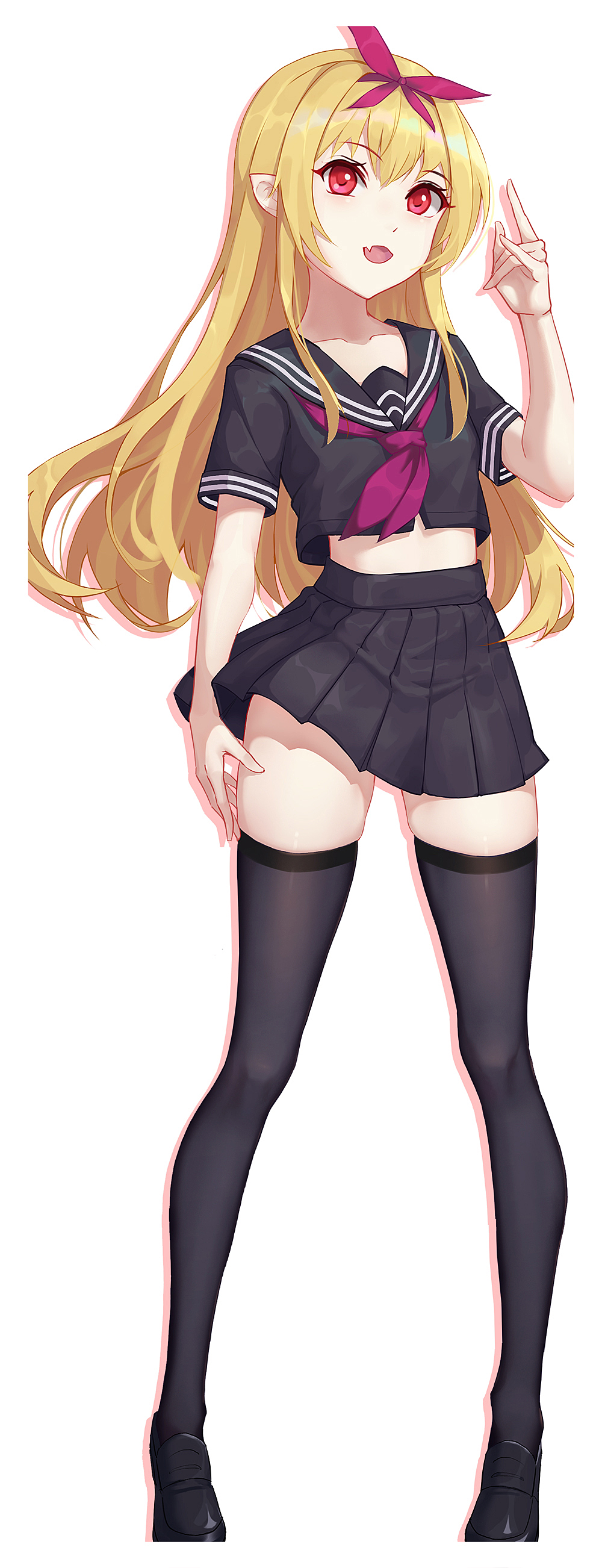 1girl absurdres arifureta_shokugyou_de_sekai_saikyou black_footwear black_legwear black_shirt black_skirt blonde_hair character_request collarbone commentary_request fang full_body highres lis_zhu_long long_hair midriff pink_ribbon red_eyes ribbon shirt short_sleeves simple_background skirt solo standing thigh-highs white_background