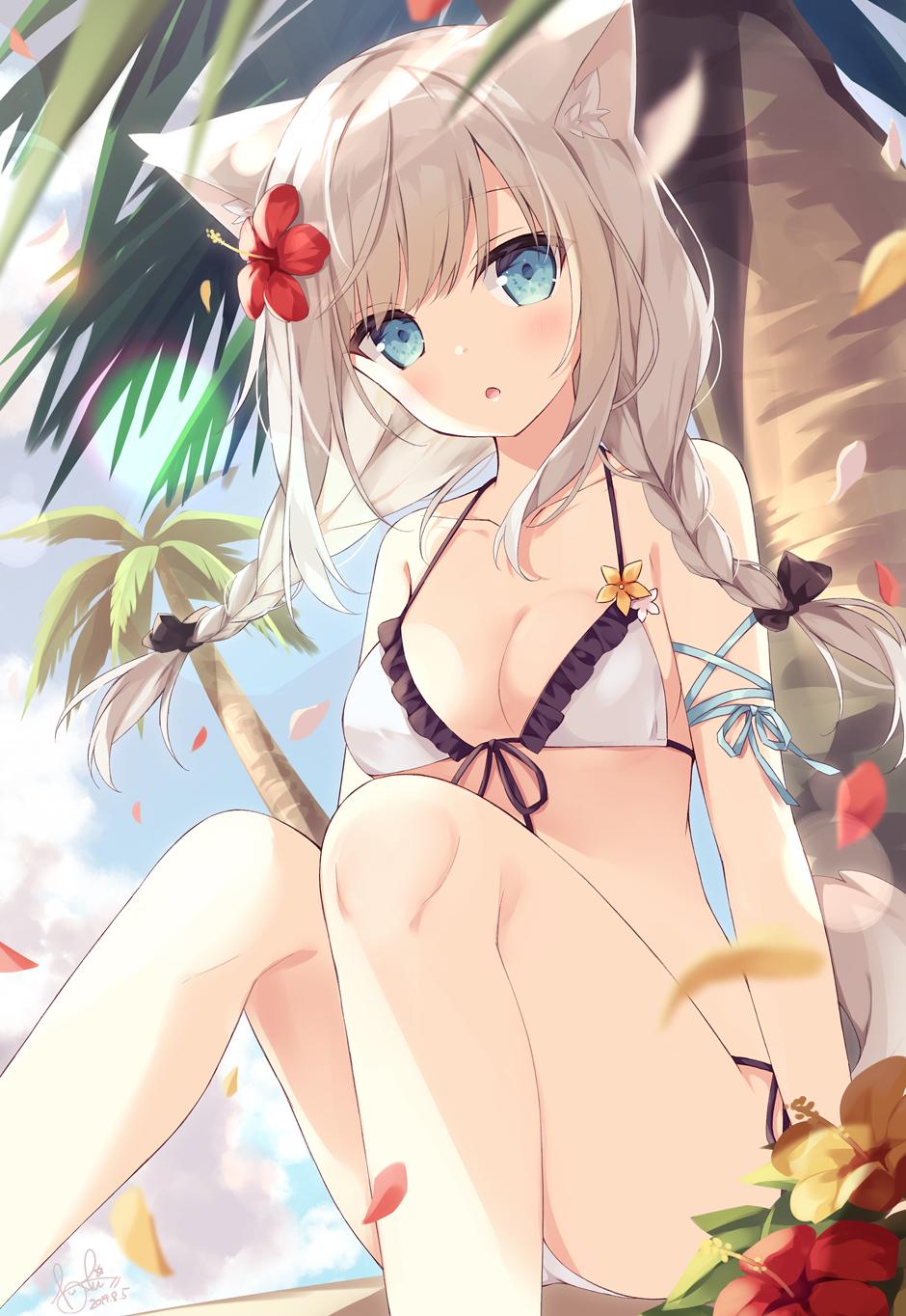 1girl :o animal_ear_fluff animal_ears bangs bare_shoulders bikini black_bow blue_eyes blue_sky blush bow braid breasts clouds cloudy_sky collarbone dated day eyebrows_visible_through_hair feet_out_of_frame flower frilled_bikini_top frills front-tie_bikini front-tie_top grey_hair hair_bow hair_flower hair_ornament highres hoshi_(snacherubi) knees_up long_hair looking_at_viewer original outdoors palm_tree parted_lips petals red_flower side-tie_bikini signature sitting sky small_breasts solo swimsuit tail tree twin_braids white_bikini yellow_flower