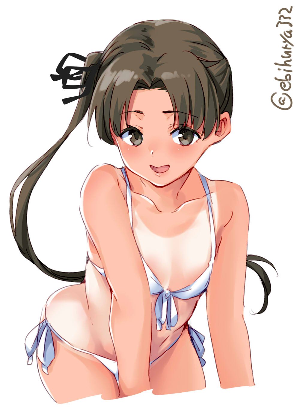 1girl alternate_costume ayanami_(kantai_collection) bikini blush breasts brown_eyes brown_hair ebifurya eyebrows_visible_through_hair hair_ribbon highres kantai_collection long_hair looking_at_viewer open_mouth ribbon side_ponytail simple_background small_breasts smile solo swimsuit tan tanline white_background white_bikini