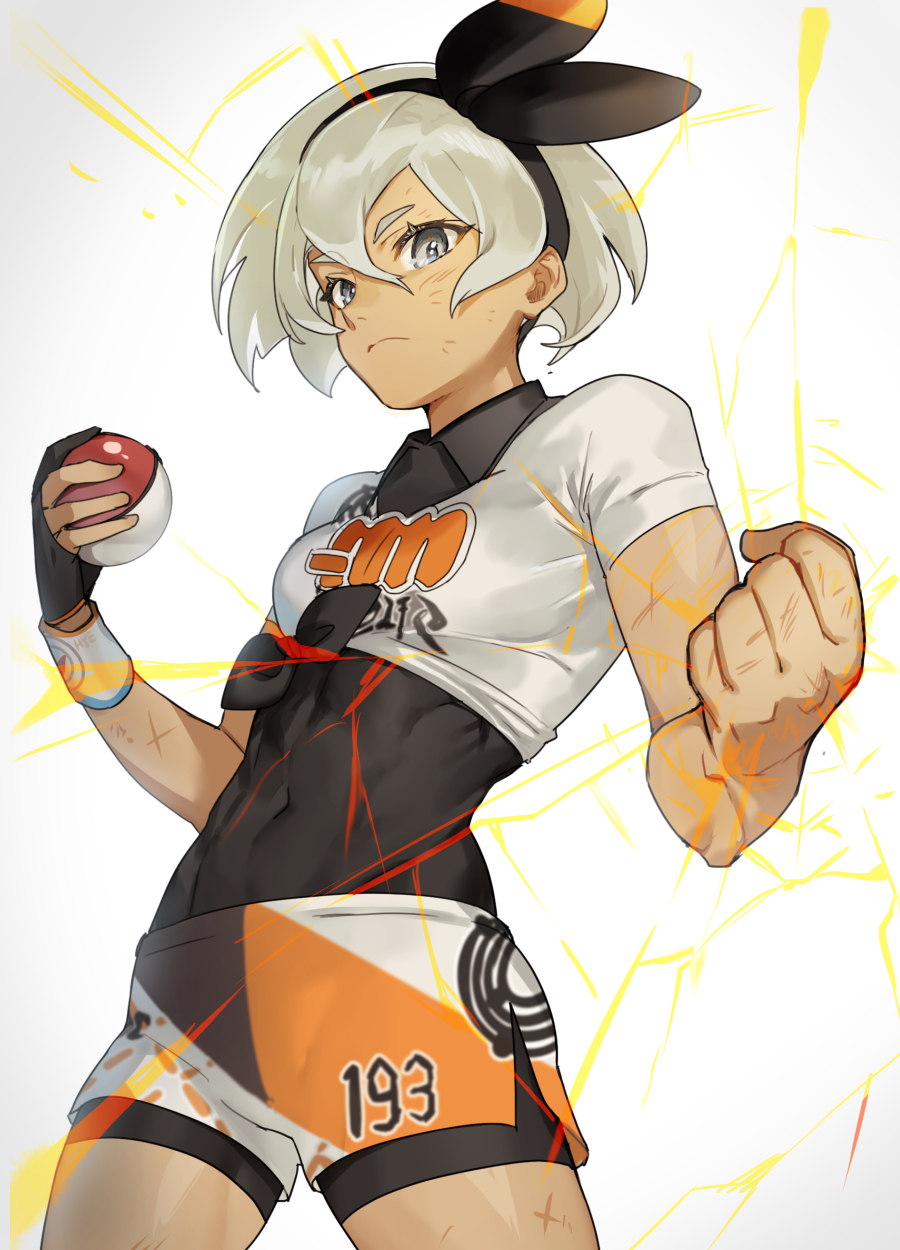 1girl abs black_gloves bodysuit_under_clothes breasts clenched_hand covered_navel cowboy_shot crack crop_top dark_skin expressionless eyebrows_visible_through_hair gloves grey_eyes hair_between_eyes hairband hieung highres looking_at_viewer medium_breasts poke_ball pokemon pokemon_(game) pokemon_swsh saitou_(pokemon) scar shirt short_hair short_shorts short_sleeves shorts silver_hair simple_background single_glove solo tied_shirt white_background wristband