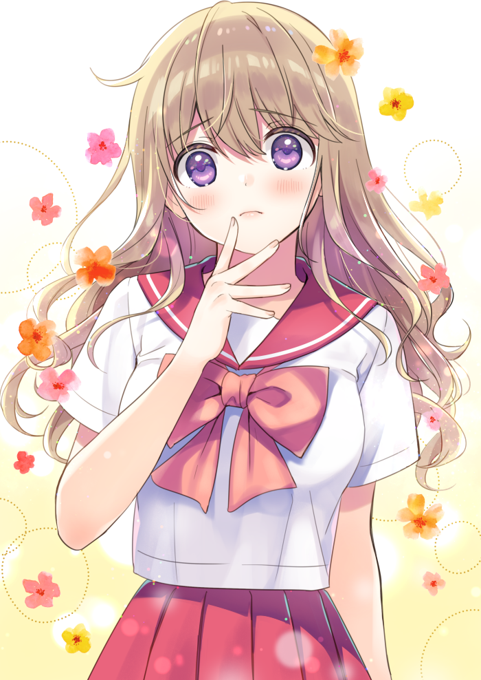 1girl bangs blush bow breasts brown_hair closed_mouth commentary_request eyebrows_visible_through_hair fingernails flower hair_between_eyes hand_up long_hair orange_flower original pink_flower pleated_skirt red_bow red_sailor_collar red_skirt sailor_collar school_uniform serafuku shirt skirt small_breasts solo sumisaki_yuzuna upper_body violet_eyes white_shirt yellow_flower