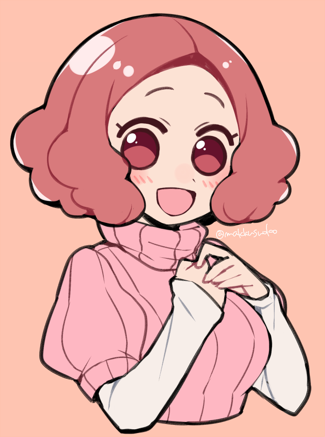 1girl :d atlus blush brown_eyes brown_hair commentary_request cute do_m_kaeru hands_together megami_tensei moe okumura_haru open_mouth persona persona_5 pink_sweater ribbed_sweater short_hair smile solo sweater twitter_username upper_body