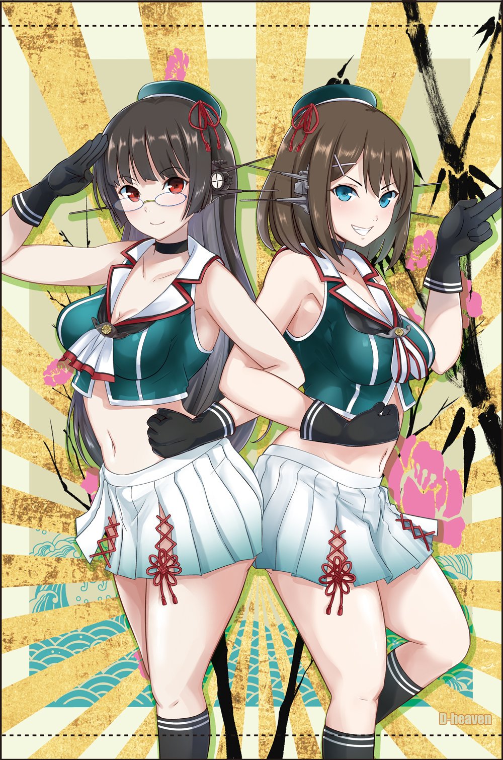 2girls amanogami_dai back-to-back beret black_gloves black_hair black_legwear blue_eyes breasts brown_hair choukai_(kantai_collection) crop_top feet_out_of_frame glasses gloves green_shirt grin hair_ornament hat headgear highres kantai_collection kneehighs large_breasts locked_arms long_hair looking_at_viewer maya_(kantai_collection) midriff mini_hat multiple_girls pleated_skirt red_eyes remodel_(kantai_collection) rimless_eyewear salute shirt short_hair skirt sleeveless smile sunburst sunburst_background white_skirt x_hair_ornament