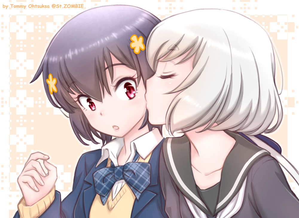 2girls black_dress black_hair blazer blue_jacket cheek_kiss closed_eyes commentary_request dress face-to-face jacket kiss konno_junko long_hair low_twintails mizuno_ai multiple_girls open_mouth red_eyes school_uniform shirt short_hair silver_hair studiozombie surprised sweater twintails upper_body white_shirt yellow_sweater yuri zombie_land_saga