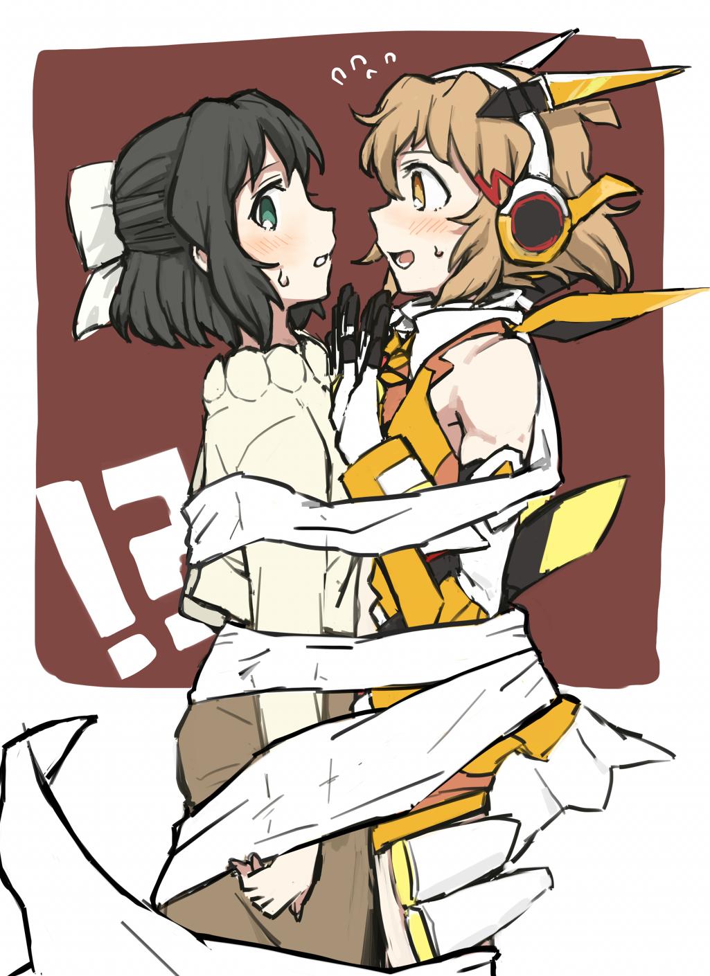 !? 2girls black_hair blush bow brown_eyes chikiso green_eyes hair_bow hair_ornament hairclip headphones highres kohinata_miku light_brown_hair multiple_girls scarf senki_zesshou_symphogear sweatdrop sweater tachibana_hibiki_(symphogear) wrapped_up