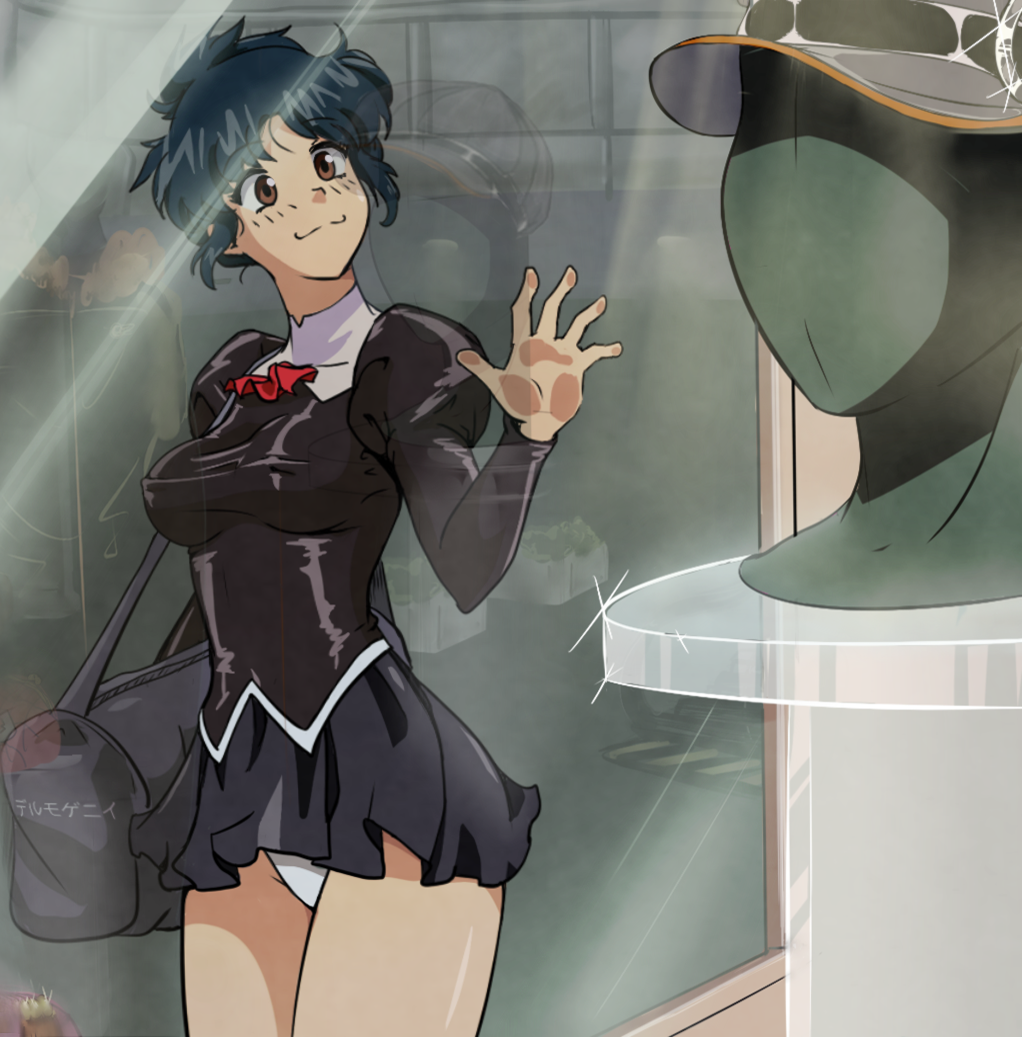 1girl agent_aika ahoge aika_(series) bag bangs black_delmo black_jacket black_skirt blue_hair breasts brown_eyes cabbie_hat closed_mouth commentary covered_nipples cowboy_shot cravat delmogeny_uniform english_commentary extra eyebrows_visible_through_hair hand_on_glass hand_up hat indoors jacket juliet_sleeves long_sleeves looking_at_viewer mannequin medium_breasts miniskirt panties pleated_skirt puffy_sleeves reflection short_hair skirt smile solo turnip007 underwear white_panties window