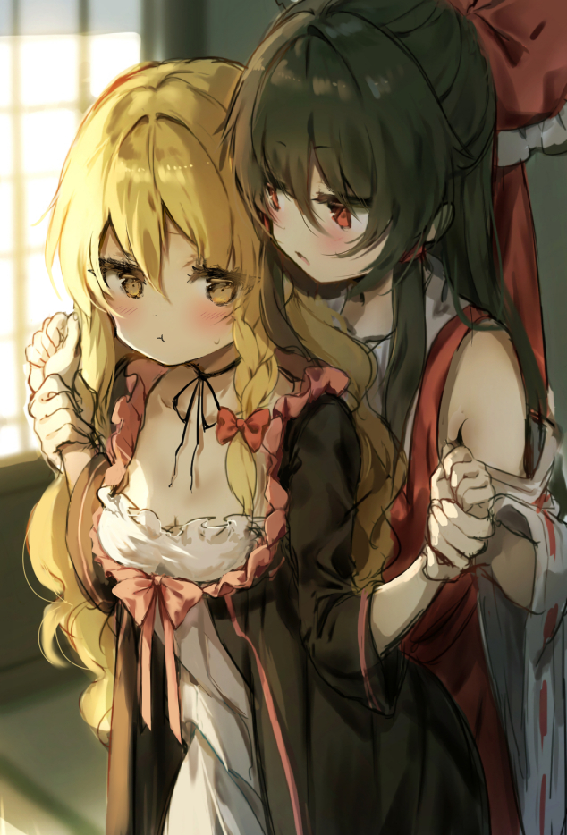 2girls :t bangs bare_shoulders black_choker black_hair black_jacket black_ribbon blonde_hair blush bow braid breasts choker clenched_hands commentary_request cowboy_shot detached_sleeves dress eyebrows_visible_through_hair frilled_bow frills grabbing hair_between_eyes hair_bow hair_intakes hair_tubes hakurei_reimu indoors jacket kirisame_marisa long_hair long_sleeves looking_at_another multiple_girls no_hat no_headwear open_clothes open_jacket pink_bow piyokichi red_bow red_dress red_eyes ribbon ribbon-trimmed_sleeves ribbon_choker ribbon_trim sidelocks single_braid small_breasts standing tatami touhou white_dress wide_sleeves window yellow_eyes yuri