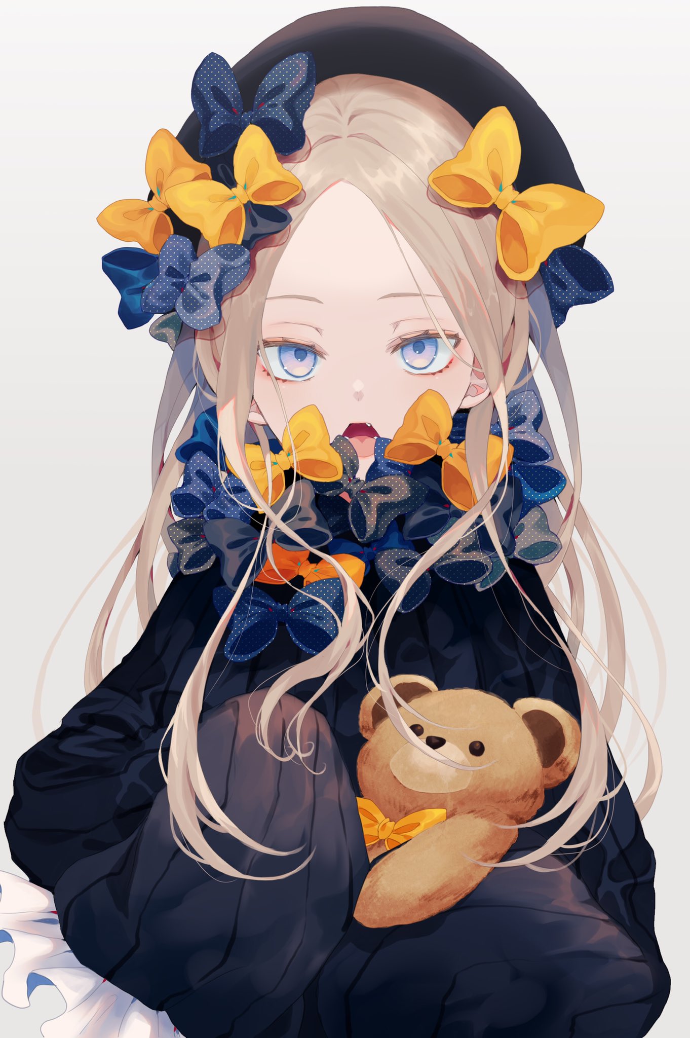 1girl abigail_williams_(fate/grand_order) bangs black_bow black_dress black_headwear blue_bow blue_eyes bow brown_hair bug butterfly commentary_request dress fang fate/grand_order fate_(series) forehead grey_background hair_bow hat highres insect long_hair long_sleeves looking_at_viewer object_hug open_mouth orange_bow parted_bangs polka_dot polka_dot_bow satsuki_(miicat) simple_background sleeves_past_fingers sleeves_past_wrists solo stuffed_animal stuffed_toy teddy_bear upper_body very_long_hair