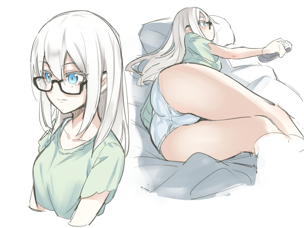 1girl ass asutora blonde_hair blue_eyes controller glasses long_hair lying on_side original panties remote_control underwear white_background